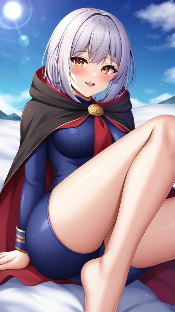 (A cold woman in an  shooter costume sits on the edge of an  cliff,Archer with  bow:1.2),(Red hair: 1.5),(Blue fluffy hood,blue colored eyes,White hair,Delicate and beautiful face:1.3),Fine and perfect anatomy,dynamicposes,snowy day,Fantasyart,Background of glaciers,At your feet are  cliffs,blanche_Blue gradient rendering,Highest image quality,Highest high resolution,high detal,Object shadows,Dynamic light sources,Cloudy days,Screen dim,tmasterpiece,offcial art,Whole body diagram,The white wolf lies beside the woman,Detail portrayal of hair,,Moon River,Azure cattle,flower,1 girl, showing vagina, spreading legs, vagina between legs, no underwear, nsfw