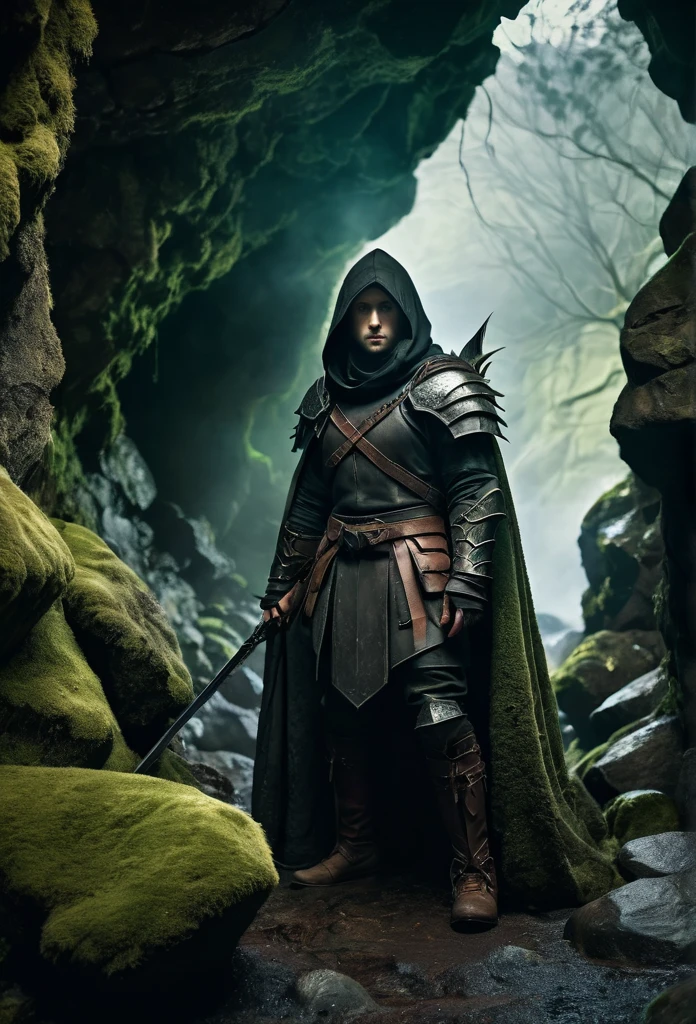 a warrior in leather armor and hooded cloak, standing in front of a mossy rocky cave entrance, setting traps, detailed facial features, high quality, cinematic lighting, epic fantasy, muted colors, dramatic atmosphere