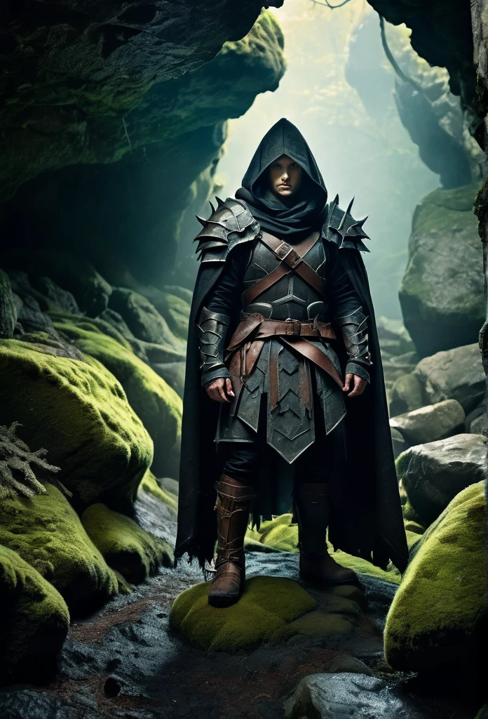 a warrior in leather armor and hooded cloak, standing in front of a mossy rocky cave entrance, setting traps, detailed facial features, high quality, cinematic lighting, epic fantasy, muted colors, dramatic atmosphere