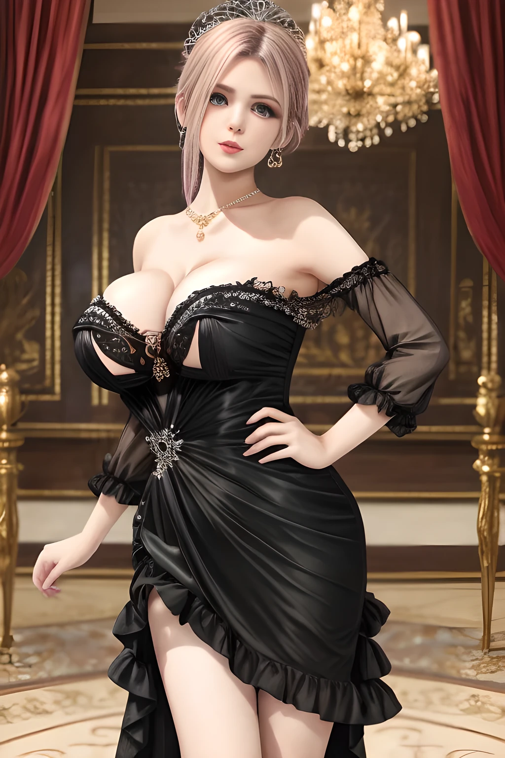 1girl is wearing an elegant black strapless dress. The dress is beautifully designed with ruching on the bodice and a cascading ruffled asymmetrical hem, adding a playful and chic touch to the outfit. The person is standing upright, with one hand gently touching their leg and the other hand relaxed by their side. The background is plain and neutral, drawing attention to the dress itself. The lighting is soft, highlighting the details of the dress and creating a fashionable and stylish atmosphere,, huge breasts, elise