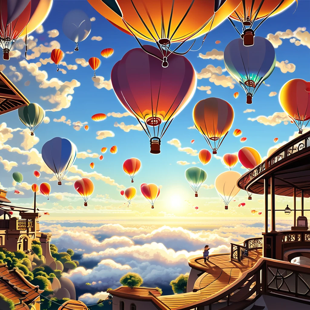 Many balloons are hanging from the ceiling, Illustration by Alexander Fedosav, Deviant Art, Conceptual Art, Refreshing background, 空のairship, Cloud Background, 空に浮かぶairship, Cloud Background, Cafe above the clouds, High quality images”, airship, sunny day background, Bright sunny day, widescreen shot, banner, Clean background