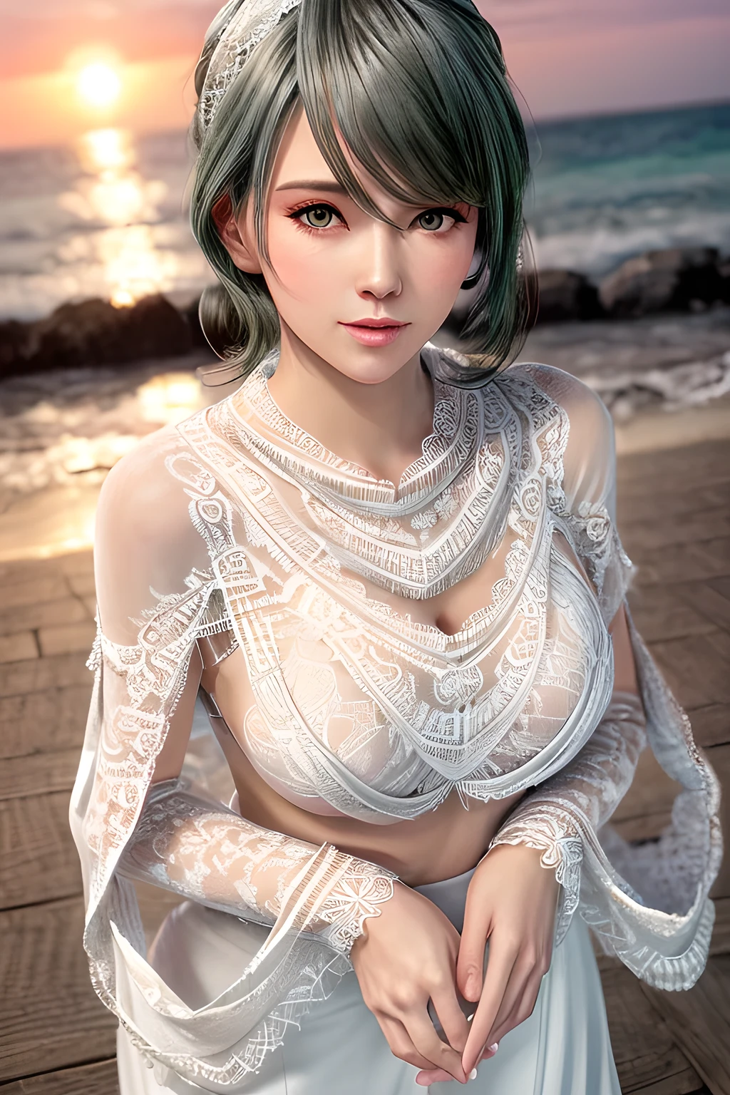 1girl , wearing a wedding dress with (a sweetheart neckline on the upper part:1.2),( a beautiful lace shawl:1.5), and long sleeves that add to her elegance,outdoors,At the seaside at sunset,huge breasts,Tamaki,