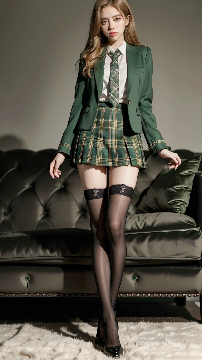 UHD,8K,girlvn01, 1girl,school,Big Eyes,Stunningly Beautiful Girl,green suit,Epaulette, pleated plaid green skirt,plaid red necktie, Long shaped face,Sandy Blonde side-swept hair,standing ,black stocking ,sofa,student boots high heels,full body,