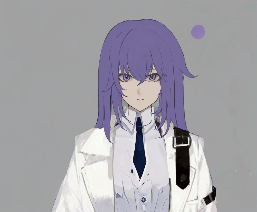 Purple Hair、Wearing white shirt and tie、, gapmoe yandere, Inspired by Okumura Tougyu, Produced in collaboration with Anime Painter Studio, ufotable art style, gapmoe yandere grimdark, Nifepitou, Anime cute art style, Hajime Yatate, Inspired by Masanobu Okumura