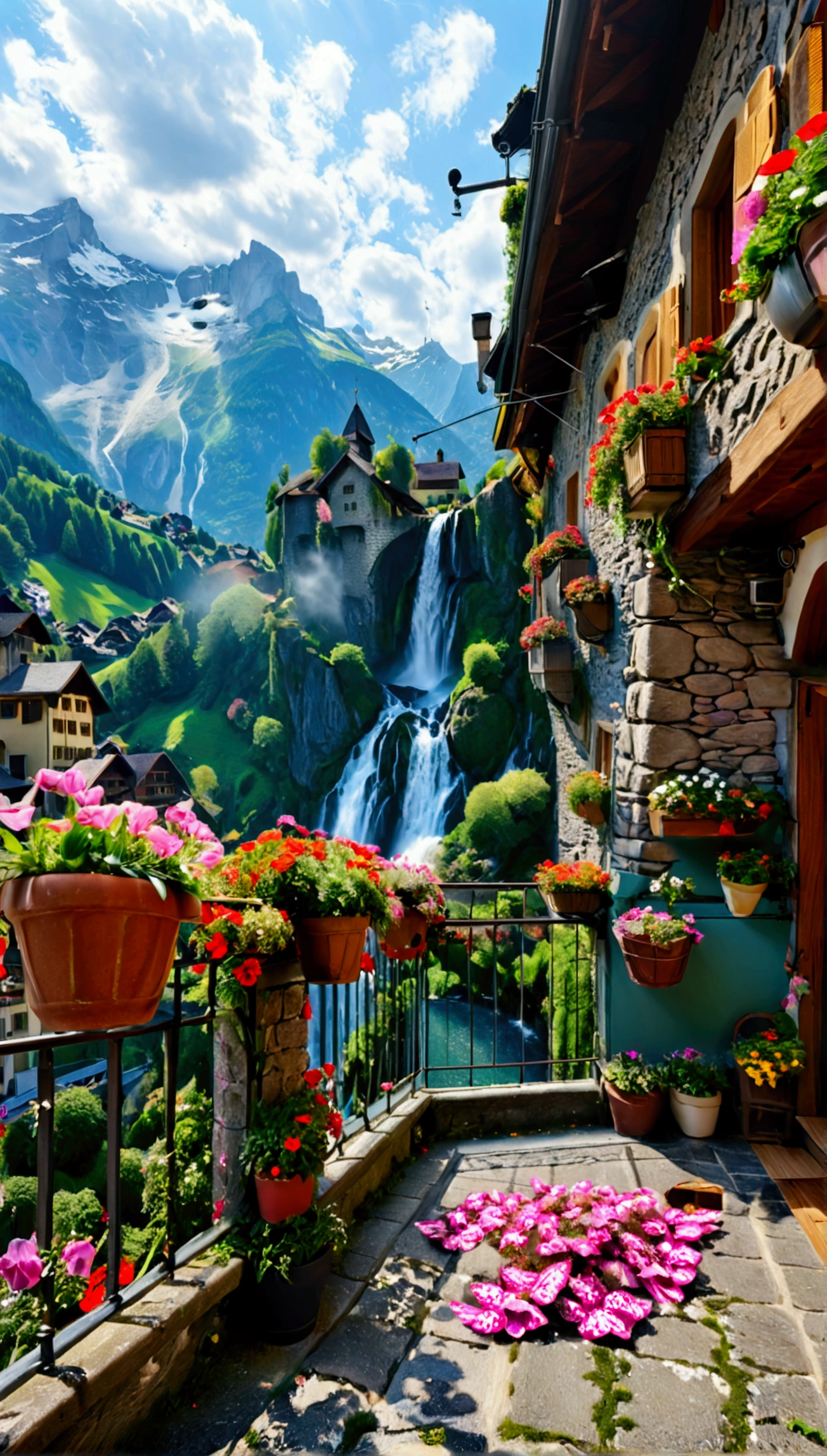 RAW Photos、Highly detailed photos、8k、Swiss cityscape、Flowers on the balcony、A huge waterfall falling from a huge mountain in the middle of town、The Alps tower above、Beautiful scenery、