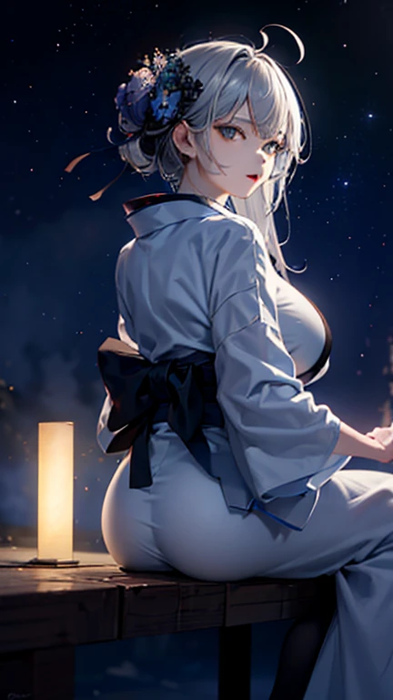 masterpiece, high quality, 4K, Beautiful design, silhouette，Gray Hair， 非常に詳細な夜のStarry Sky,Flower Field， wonderful, Finer details,  Very knowledgeable woman, Highly detailed solo, 1 female,Big Breasts，Butt Emphasis，Yukata in white color，Night view，Starry Sky，How to sit，firework，