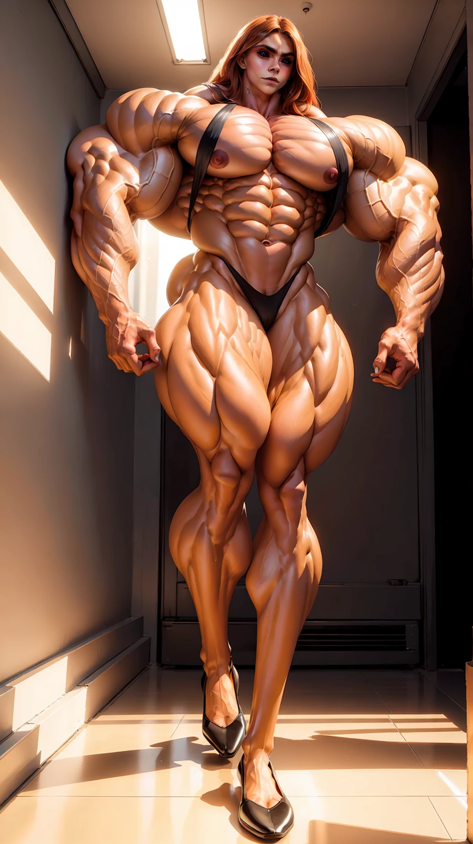 (beautiful girl:1.25), (megan fox:1.25), (large fake breasts:1.25), (young naked bodybuilder girl:1.25), seductive face,(long thin legs:1.25), long red hair, perfect muscular body, super skinny legs, sissy, femboy, (full body view:1.25),