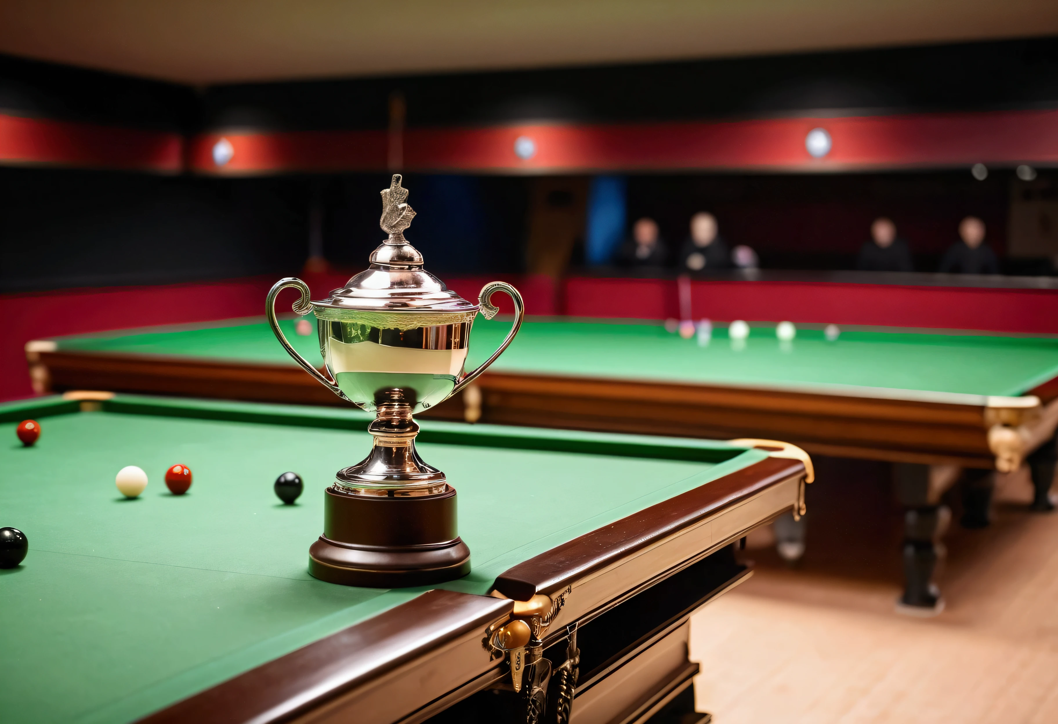 a picture of a trophy (no logos) on a snooker court in front of the audience, the audience is blurred and not in focus, there are no logos or words in the picture
