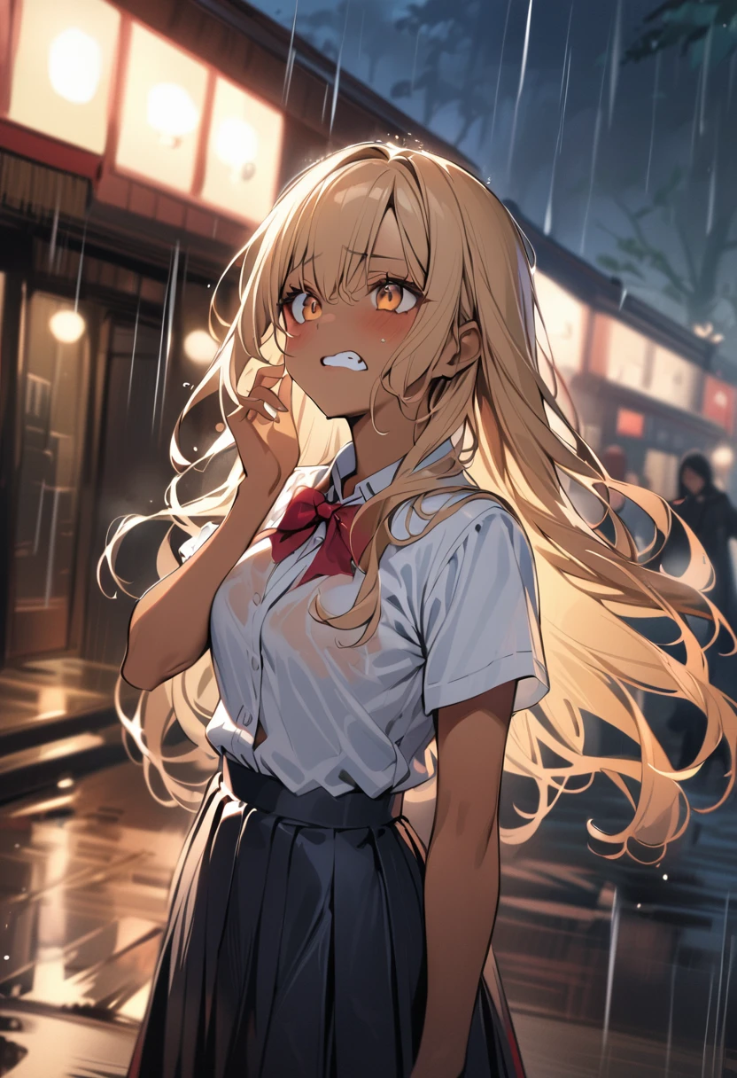 1 girl, japanese girl, longhair, blonde hair, wave hair, mascara, tan skin, dark skin, double teeth, fang, piercing,
BREAK wet, soaked, frown, furrowed brow, wavy mouth, looking up
BREAK (masterpiece), (high resolution 8K), detailed eyes and face, detailed body,
BREAK  white short sleeve shirt, bowtie, navy skirt, pleated skirt, heavy rain, bad weather, outdoors,