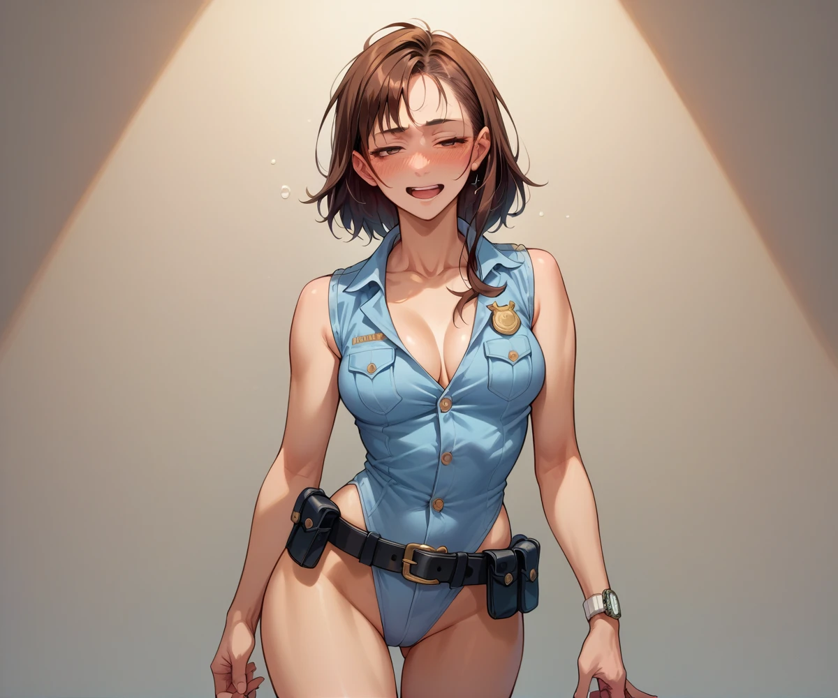 Japanese beauty naked,Police Belt,Watch on wrist,Drunk,Standing in front of a white wall、whole body