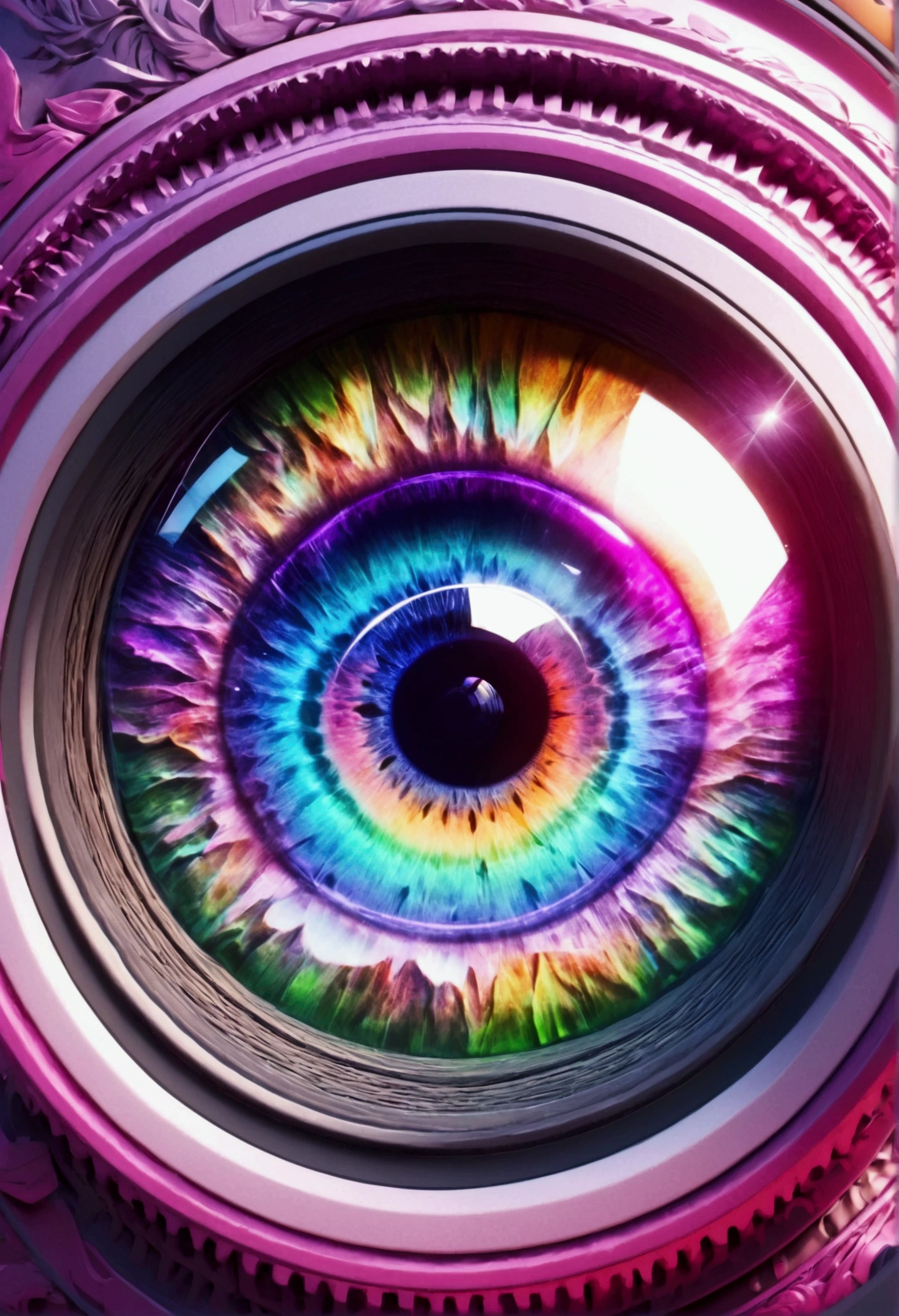 Eye, camera lens, white, red, purple, green, pink, 8k unity wallpaper, super detailed