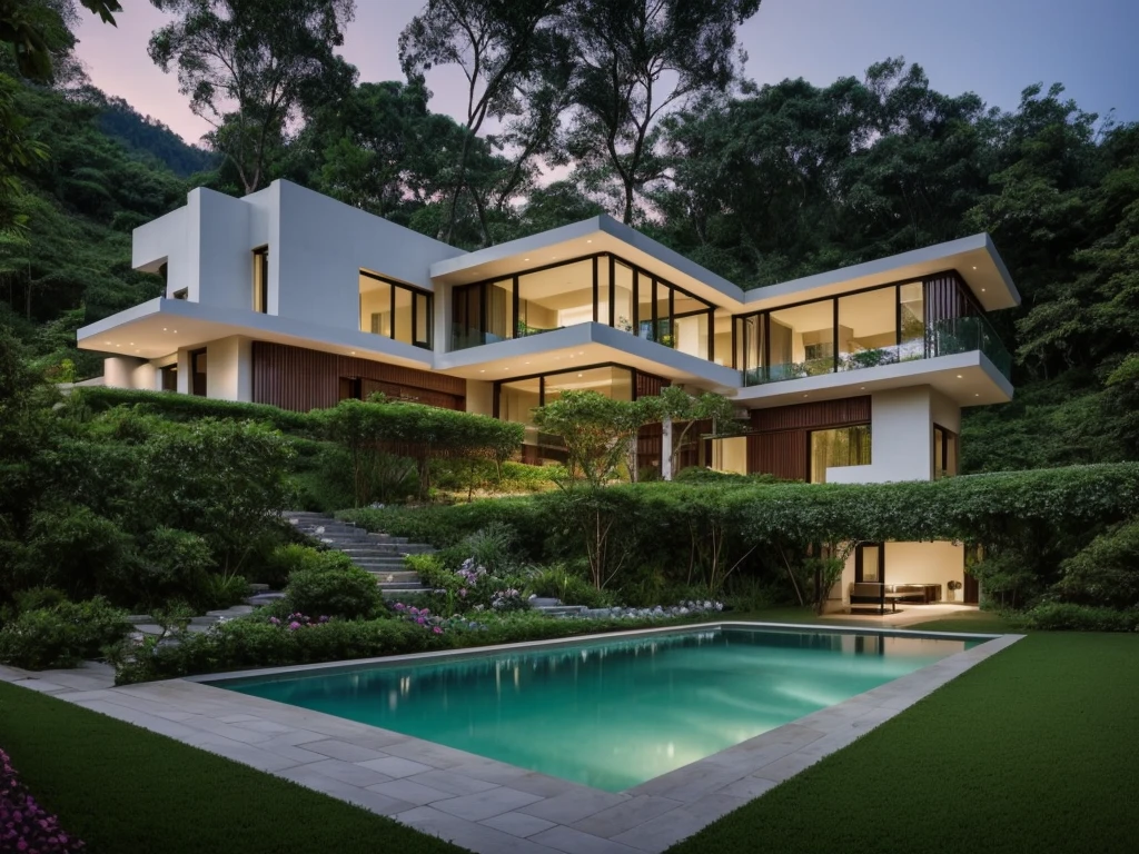 (Best Masterpiece), (super wide shot), 8K，Modern rectangular glass villa in the middle of the hill，exterior, Wide windows，Densely wooded，The leaves are verdant，The stream is babbling。The visuals are beautiful and beautiful，Evening lighting effects