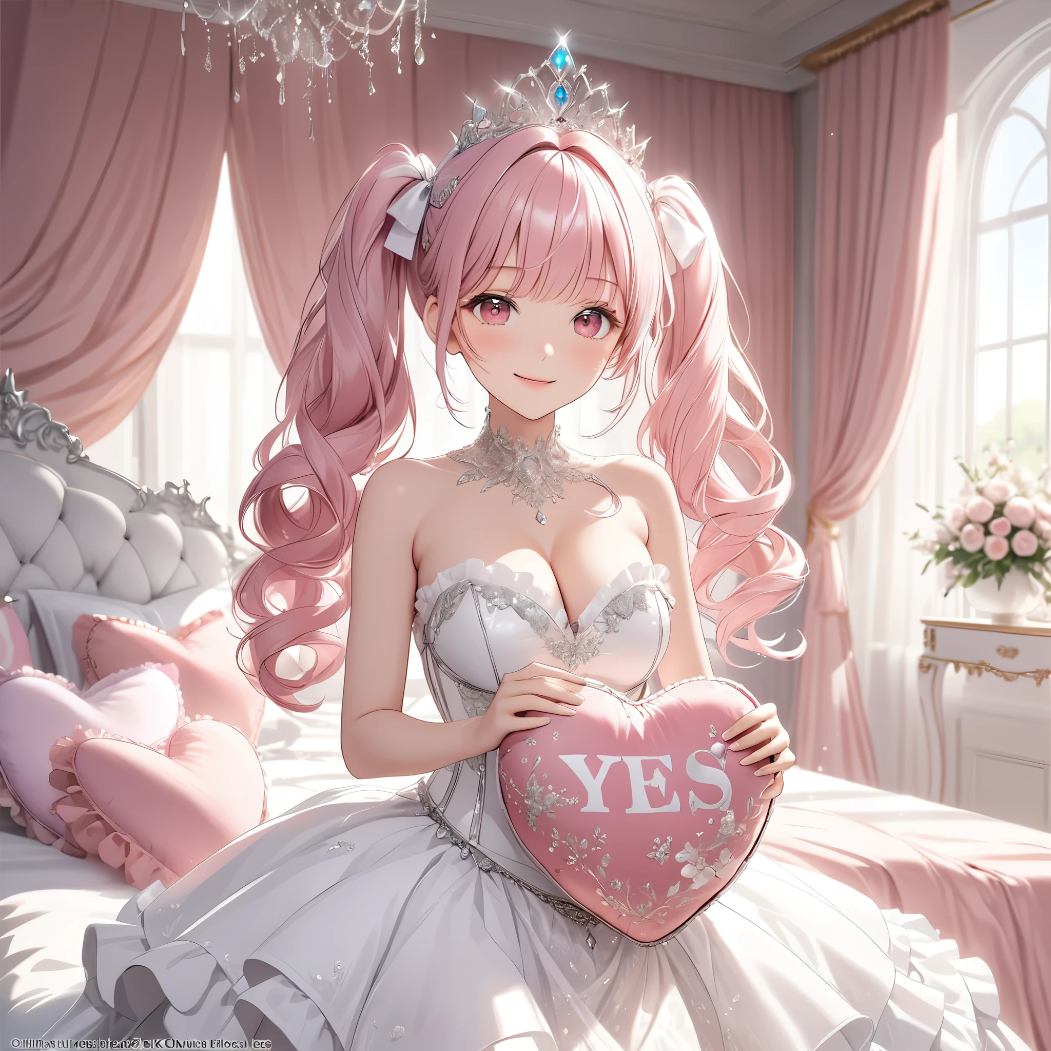 (8K, masutepiece, Best Quality, Official art, beautiful detailed, beautiful lighting, best masterpiece in history that exceeds limits:1.2), (), (beautiful detailed face), (shiny white skin), (Beautiful big bust, cleavage:1.2), (beautiful detailed pastel pink twin tails hair, Bangs:1.3), (beautiful detailed drooping pink eyes:1.5), break, (Beautiful detailed Luxurious white princess dresses, white See-through intricate lace, cute bow ribbon, a lot of see-through frill, silver thread, diamond, corset), (Beautiful Luxurious Diamonds Tiara), break, (happy smile, Attractive, Look at the camera, cute pose), (holding a cute pink heart cushion, frill, printed YES NO:1.5), breathtaking scenery, (beautiful detailed white princess bed room, canopy bed:1.3),