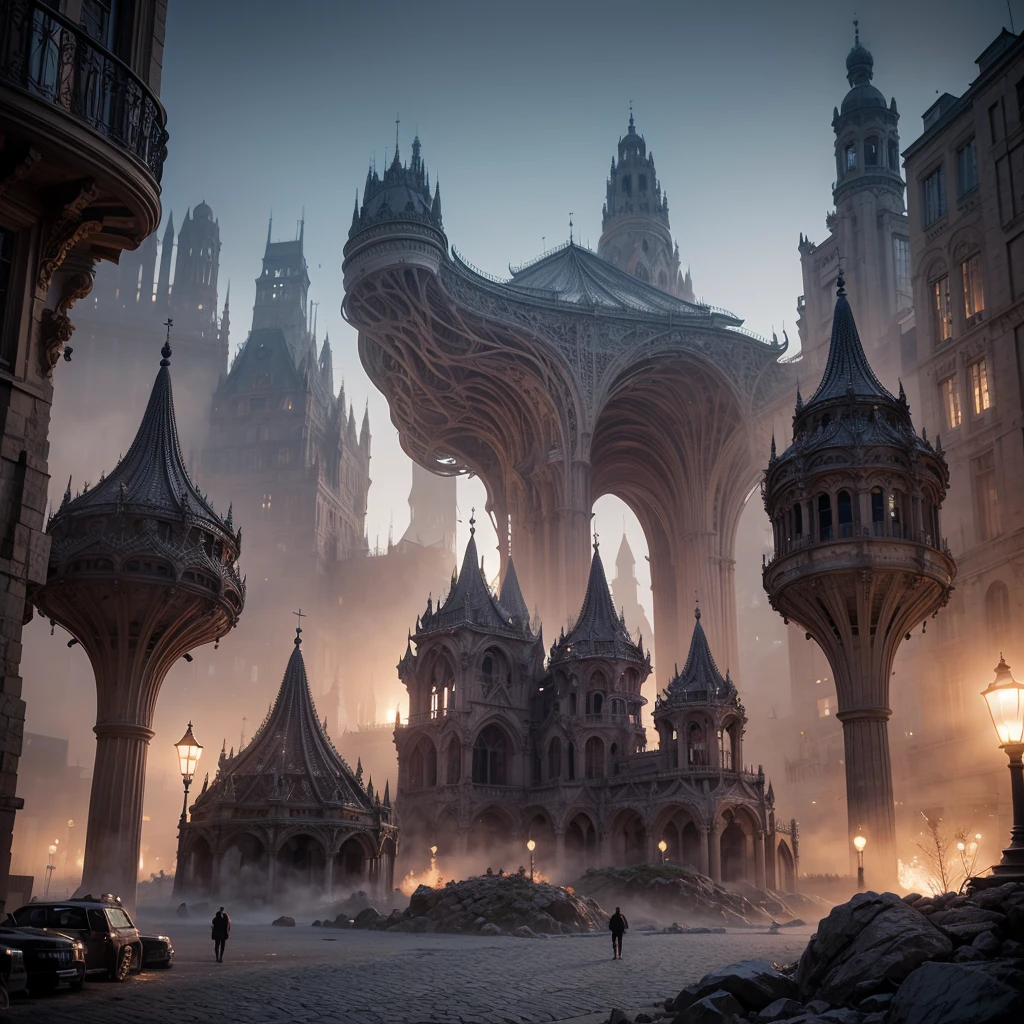 4 Men, Dans une ville, Surrealism, dreamlike atmosphere, intricate details, fascinating composition, ethereal beauty, mystical elements, paysages fantaisistes, otherworldly creatures, travail au pinceau complexe, Surrealist landscapes, images fantastiques (best quality,4K,8k,high resolution,head of'artwork:1.2),ultra-detailed,(realistic,photorealistic,photo-realistic:1.37)