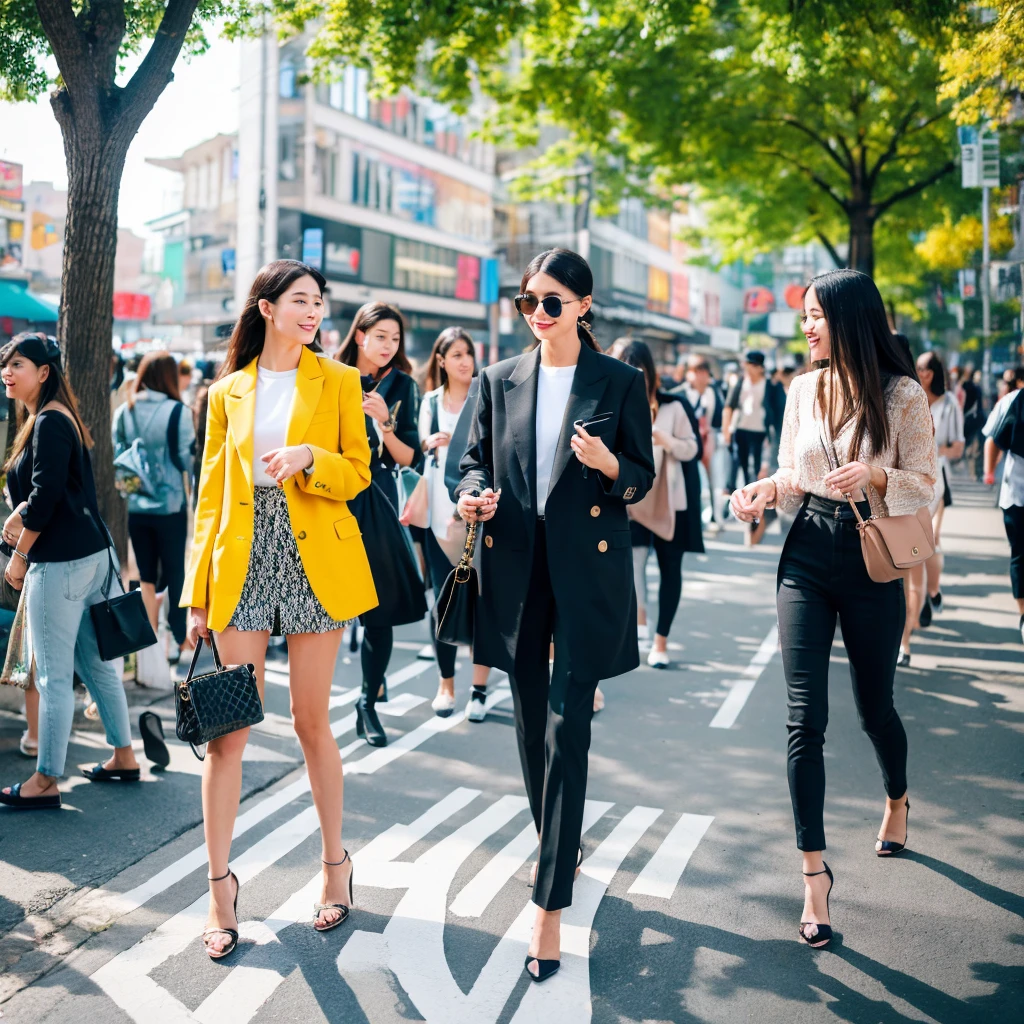 The members walking along a vibrant city street, showcasing trendy outfits that blend street style and elegance.