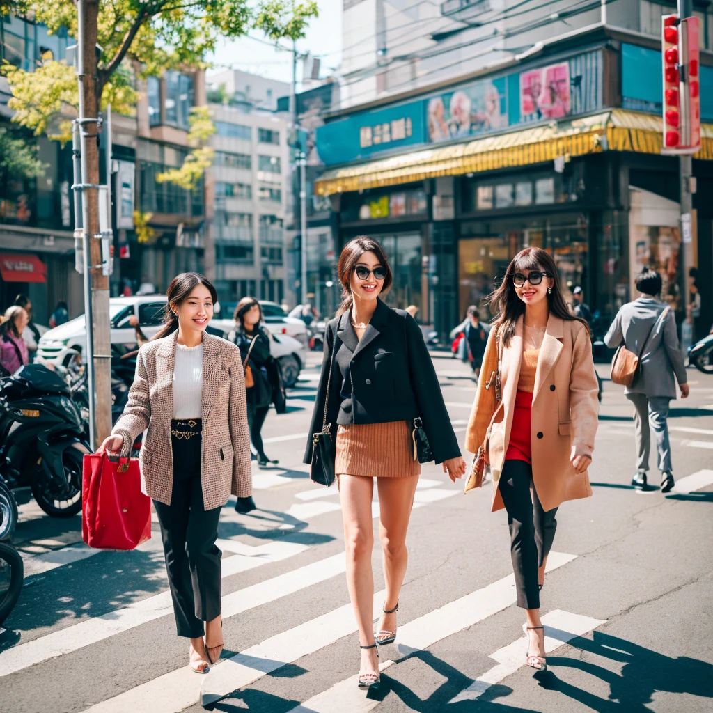 The members walking along a vibrant city street, showcasing trendy outfits that blend street style and elegance.