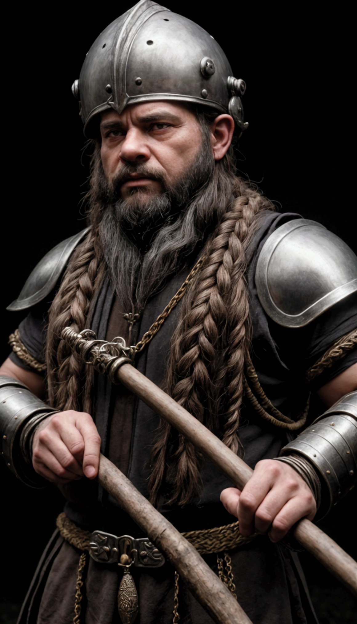 a stoic dwarf merchant with a braided beard with beads, wearing chain armor and helmet, holding a mattock, close-up portrait, intricate details, cinematic lighting, chiaroscuro, dramatic, dark fantasy, highly detailed, 8k, digital art