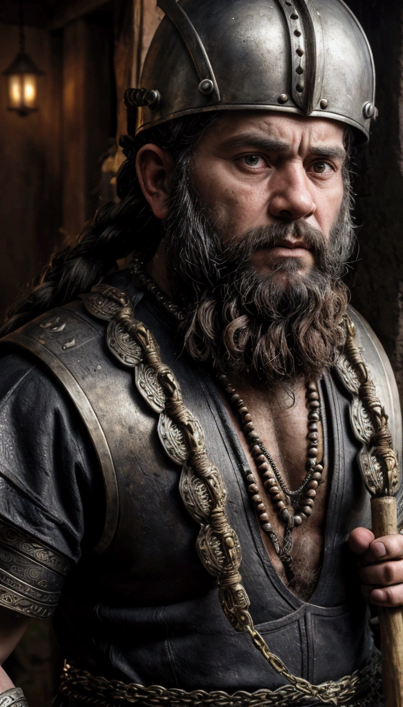 a stoic dwarf merchant with a braided beard with beads, wearing chain armor and helmet, holding a mattock, close-up portrait, intricate details, cinematic lighting, chiaroscuro, dramatic, dark fantasy, highly detailed, 8k, digital art