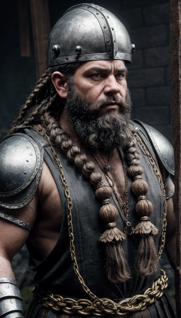 a stoic dwarf merchant with a braided beard with beads, wearing chain armor and helmet, holding a mattock, close-up portrait, intricate details, cinematic lighting, chiaroscuro, dramatic, dark fantasy, highly detailed, 8k, digital art