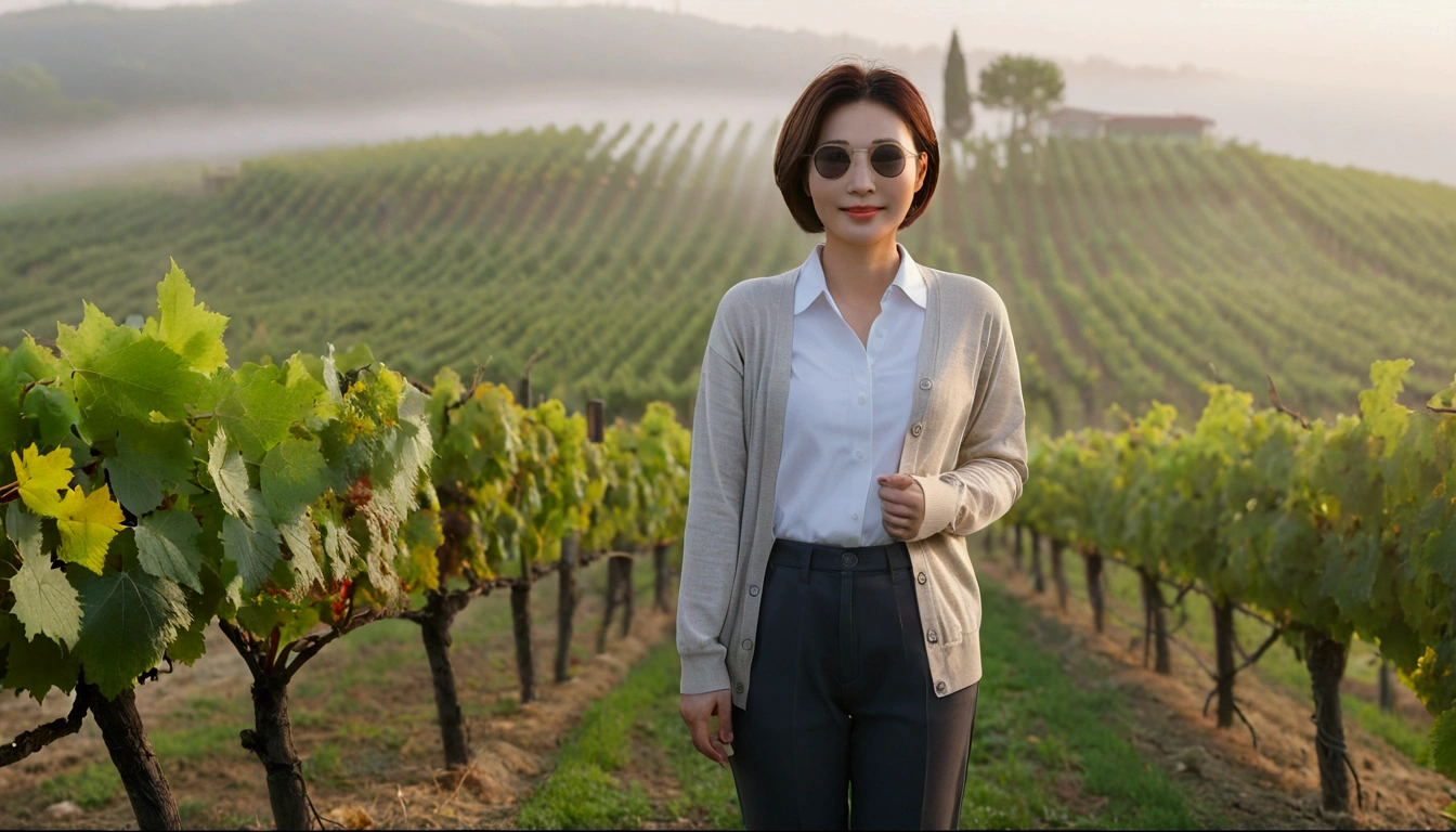 8k realistic, lifelike photo,, 36 year old Korean woman, Short in stature, pretty like a model. front view, white shirt and short cardigan, casual pants, short medium hair, smiling, Italy. vineyard, thick dawn fog. vineyard 지나 smother 속으로 저 멀리 성당이 보인다. Full body shot from afar with a wide angle lens , 1 woman, Short in stature, looking at the camera, superb picture quality, The morning fog thickens, The picture quality is alive.. Full body shot with Canon 16-35 wide angle lens, Wearing sunglasses with black horns and looking to the side., The cathedral is visible in the red morning sunlight.., standing on the hill, smother
