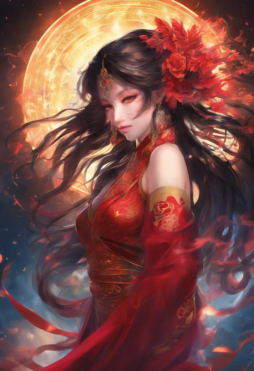 best quality,masterpiece,Ultra-high resolution,(photoactual:1.4),Dark Background,The fire is shocking，Game characters,20-year-old，a cold,Beautiful oriental woman（goddess）,deep red eyes,Dark red long ponytail，Wearing red ancient Hanfu,Backless,fire tattoo on back,Turn around