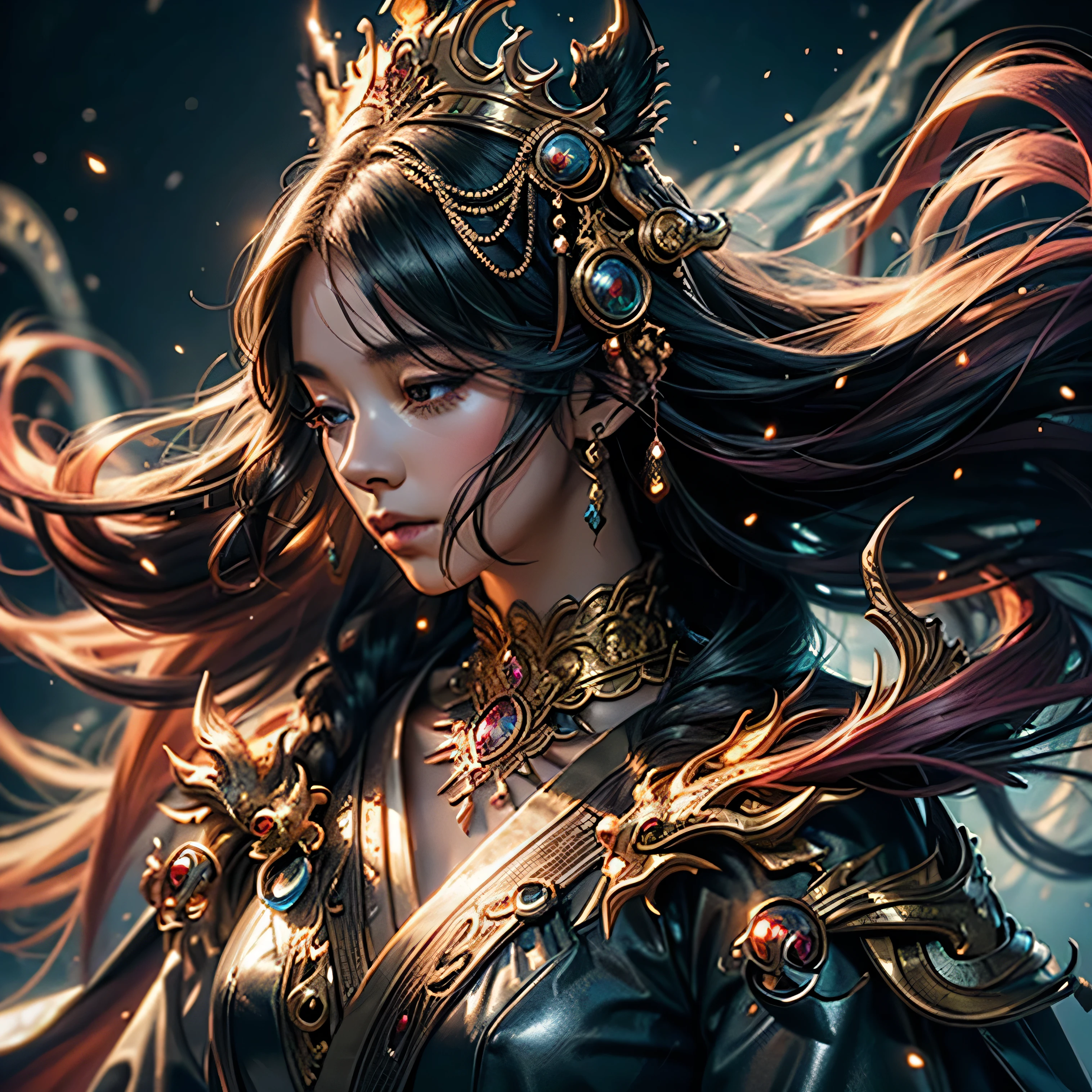 (masterpiece,khd,Hyper HD,16K)long, flowing black hair,Gold jewelry area in the back room,Smoke Ring Girl ,Bronze Dragon Protector (Realistically:1.4),Python print robe,Purple pink tiara,Scattering snowflakes,The background is pure,Hold your head high,I am proud,The nostrils see the person, High resolution, detailed, RAW Photos, sharp, Nikon D850 film stock photo by Jefferies Lee 4 Kodak Portra 400 camera F1.6 shots, Rich colors, Ultra-realistic vivid textures, Dramatic lighting, Unreal Engine Art Station Trends, Cinestia 800,Hold your head high,I am proud,The nostrils see the person