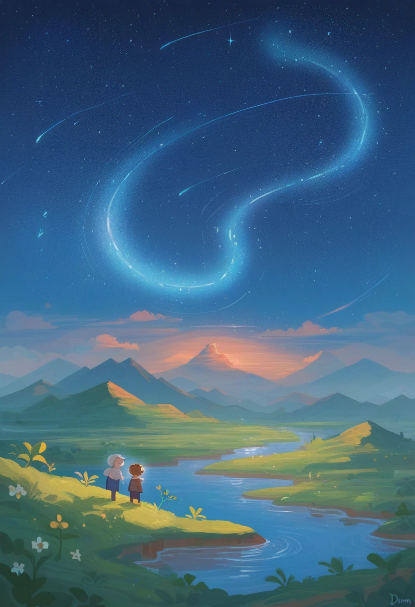 master part, gorgeous, Landscape, (((DDIM_HumaDDIMs))), Noite, flor, Jardim, Starry sky, constellations, atordoante, vista, water, quente, aconchegante, peaceful, Meteoro, cosmico, Magic, magia, particuls, Justo, ((Pirilampos))