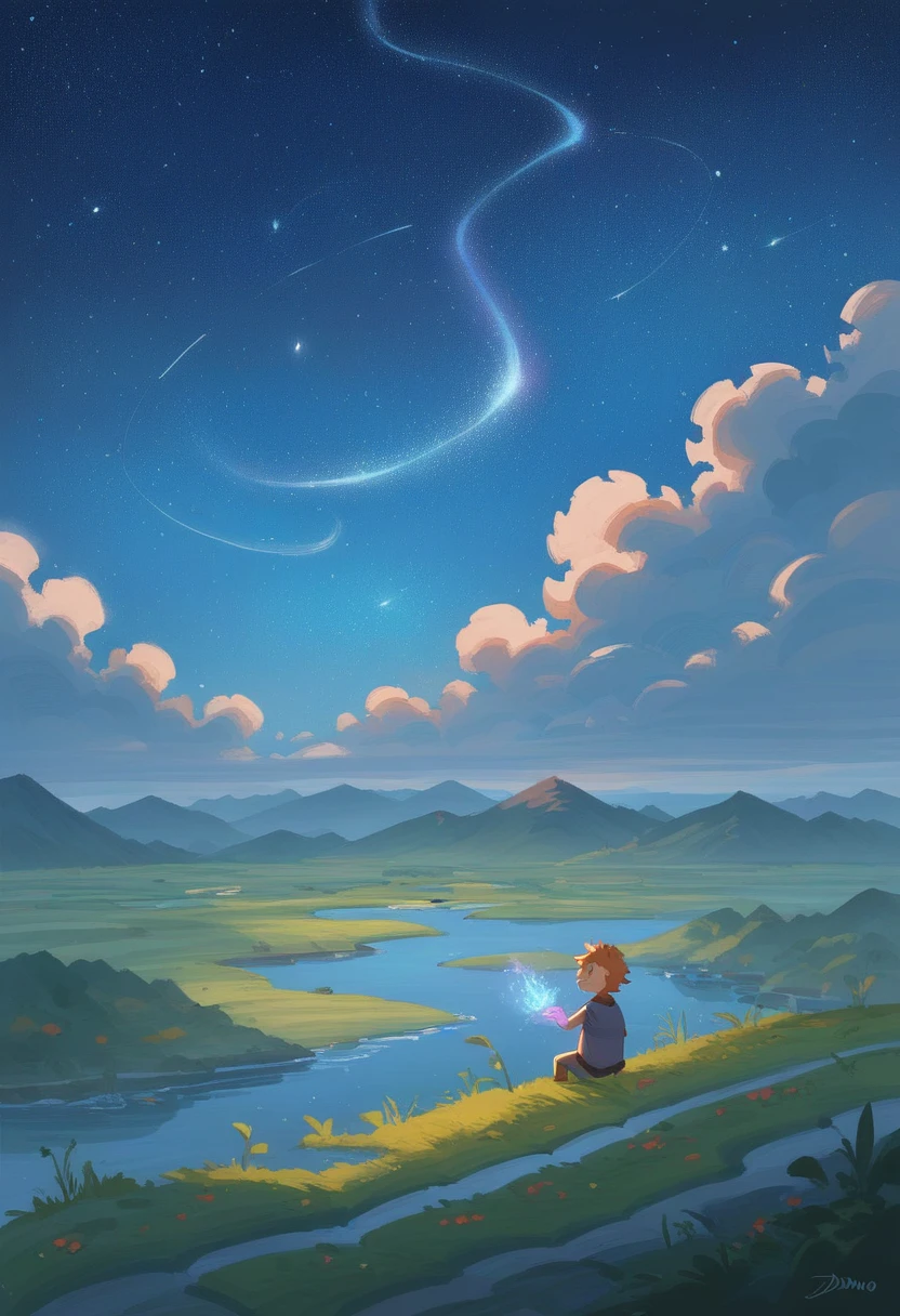 master part, gorgeous, Landscape, (((DDIM_HumaDDIMs))), Noite, flor, Jardim, Starry sky, constellations, atordoante, vista, water, quente, aconchegante, peaceful, Meteoro, cosmico, Magic, magia, particuls, Justo, ((Pirilampos))