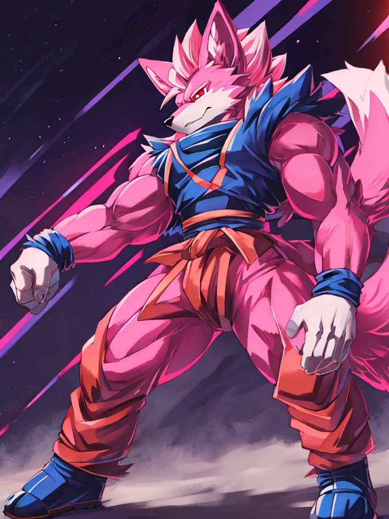 ((wolf)), 1 , ((super saiyan)), ((pink fur)), ((fluffy tail)), ((red eyes)), ((furry)), battle suit, perfect eyes, muscular