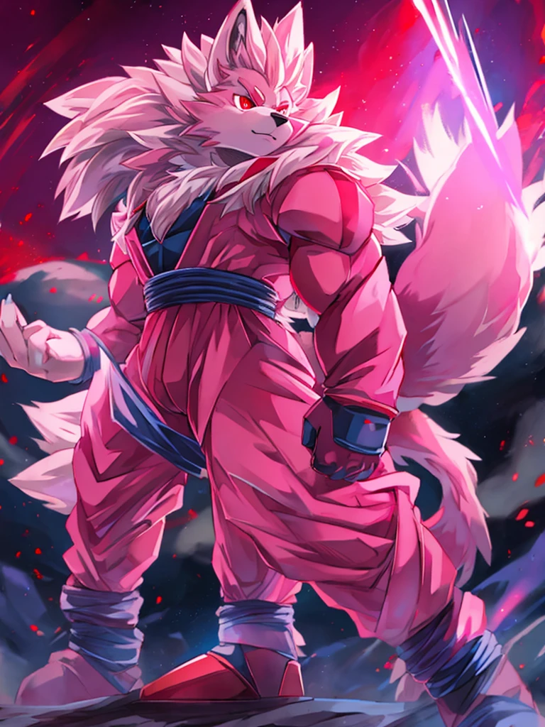 ((wolf)), 1 , ((super saiyan)), ((pink fur)), ((fluffy tail)), ((red eyes)), ((furry)), battle suit, perfect eyes, muscular