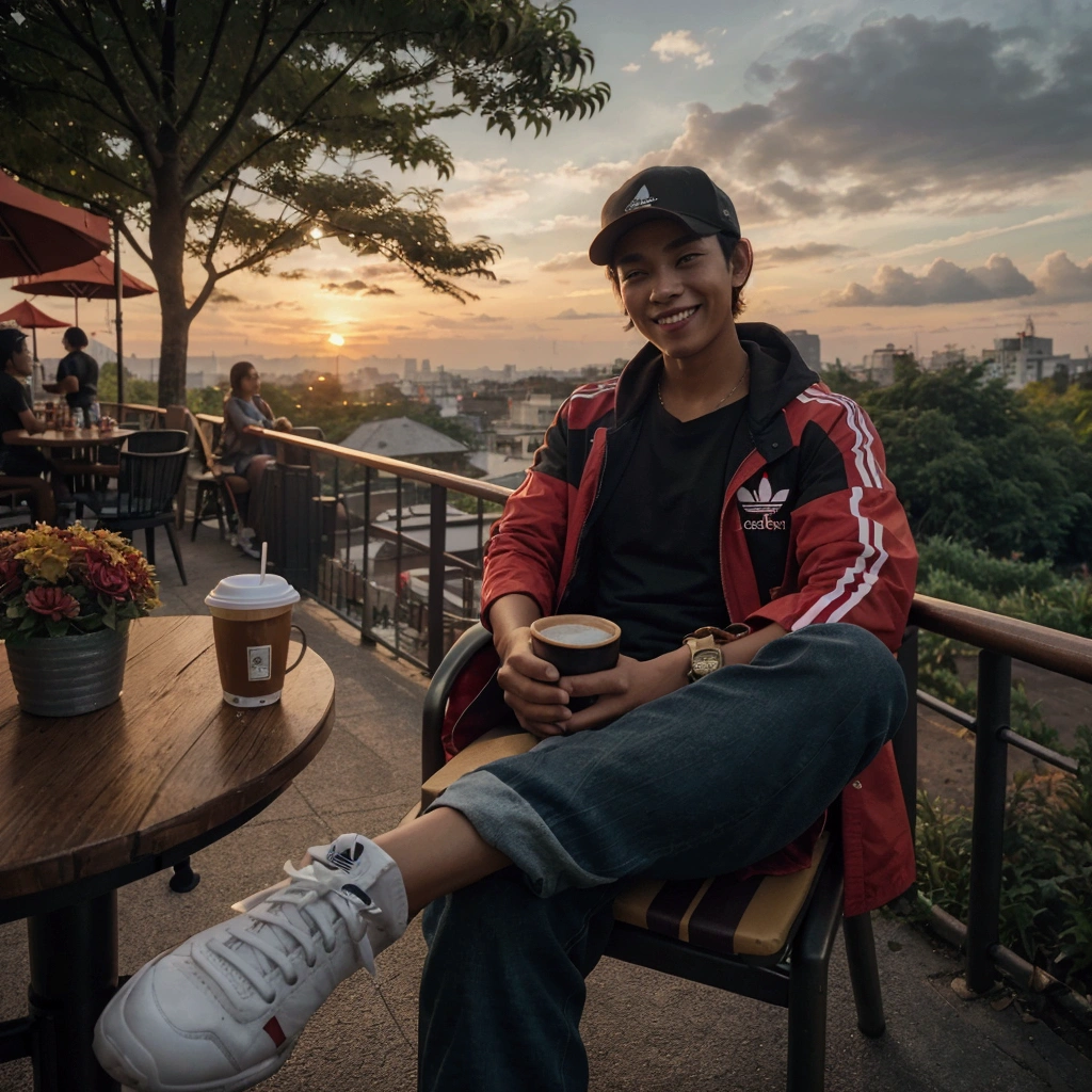 Cinematic photo of a young man from Indonesia with close-cropped hair, baseball cap, black t-shirt, red and white striped jacket with the 'adidas' logo, long jeans, sneakers, sitting on a long chair, there is a table with a cup of cafe shop coffee, in front of the park, bring a bicycle, and a calm view. The sky is the color of dusk, and the sun casts a warm golden glow across the stunning view while smiling at the camera