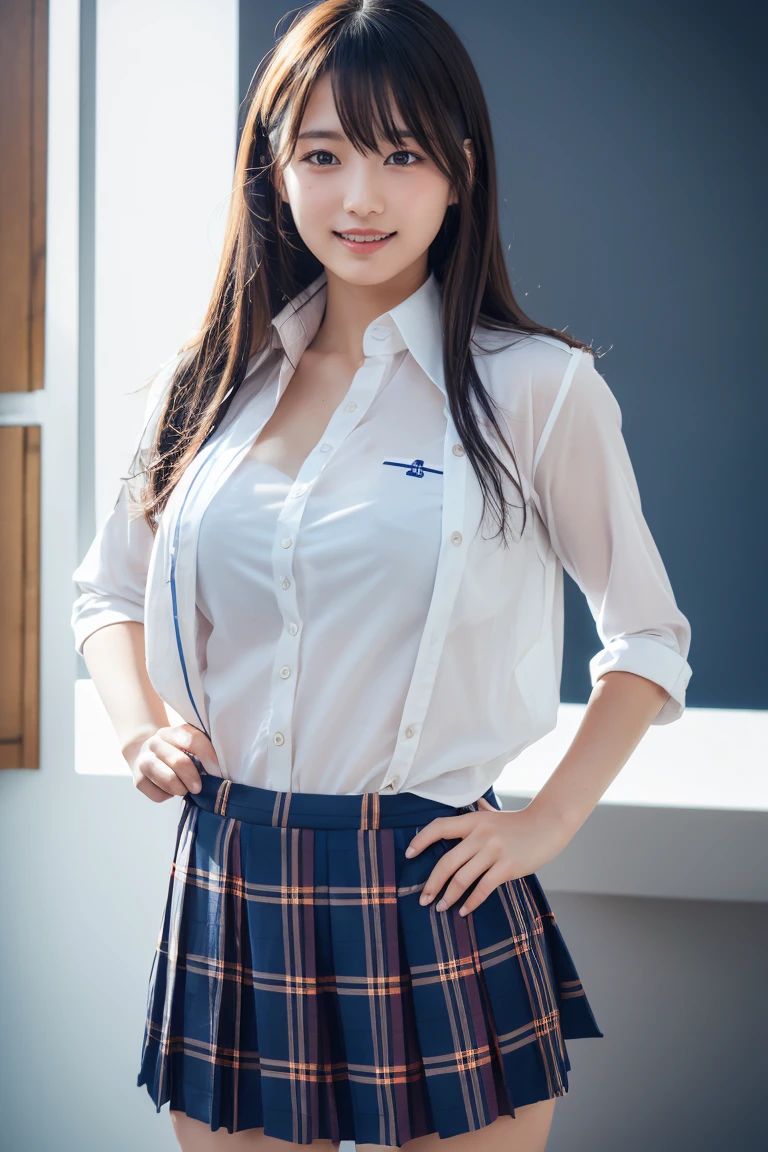 ((school uniform)),ribbon at neck,(school uniform and ((Plaid navy skirt)) and white shirt:1.1), Skin color, big , smile, (8k, RAW Photos, Highest quality, masterpiece:1.2), masterpiece, super detailed, super high quality, (Realistic and Realistic photography:1. 37), High-resolution RAW color photos, Very delicate and beautiful, highly detailed, 8k壁紙, wonderful, detailed, Very eye, very detailed, very detailed skin, very thin fingers, very detailed nose, very detailed mouth, Perfect Anatomy, Upper Body, studio, Soft lighting, A full-body shot of a cute idol wearing a one-piece swimsuit, Playful pose, Hands on hips, smile, Pastel Background, Realistic, Attention to detail, studio photography