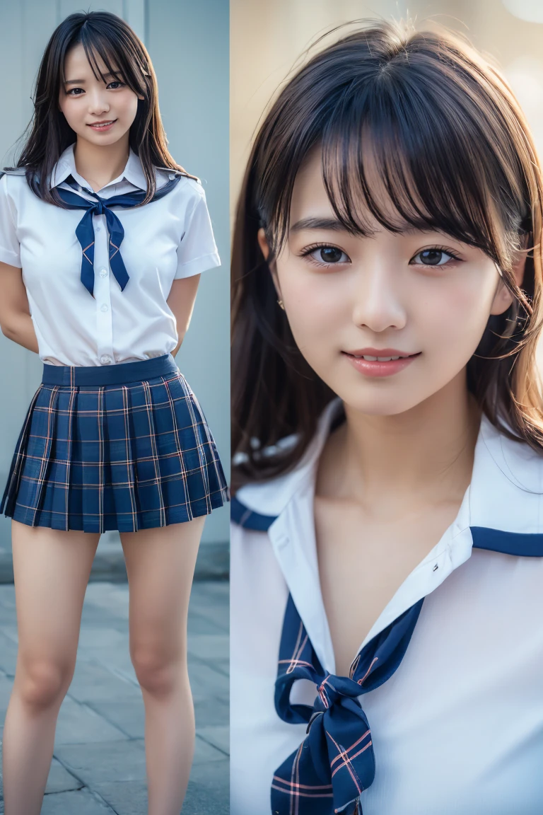 ((school uniform)),ribbon at neck,(school uniform and ((Plaid navy skirt)) and white shirt:1.1), Skin color, big , smile, (8k, RAW Photos, Highest quality, masterpiece:1.2), masterpiece, super detailed, super high quality, (Realistic and Realistic photography:1. 37), High-resolution RAW color photos, Very delicate and beautiful, highly detailed, 8k壁紙, wonderful, detailed, Very eye, very detailed, very detailed skin, very thin fingers, very detailed nose, very detailed mouth, Perfect Anatomy, Upper Body, studio, Soft lighting, A full-body shot of a cute idol wearing a one-piece swimsuit, Playful pose, Hands on hips, smile, Pastel Background, Realistic, Attention to detail, studio photography