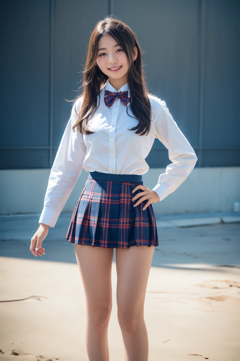 ((school uniform)),ribbon at neck,(school uniform and ((Plaid navy skirt)) and white shirt:1.1), Skin color, big , smile, (8k, RAW Photos, Highest quality, masterpiece:1.2), masterpiece, super detailed, super high quality, (Realistic and Realistic photography:1. 37), High-resolution RAW color photos, Very delicate and beautiful, highly detailed, 8k壁紙, wonderful, detailed, Very eye, very detailed, very detailed skin, very thin fingers, very detailed nose, very detailed mouth, Perfect Anatomy, Upper Body, studio, Soft lighting, A full-body shot of a cute idol wearing a one-piece swimsuit, Playful pose, Hands on hips, smile, Pastel Background, Realistic, Attention to detail, studio photography