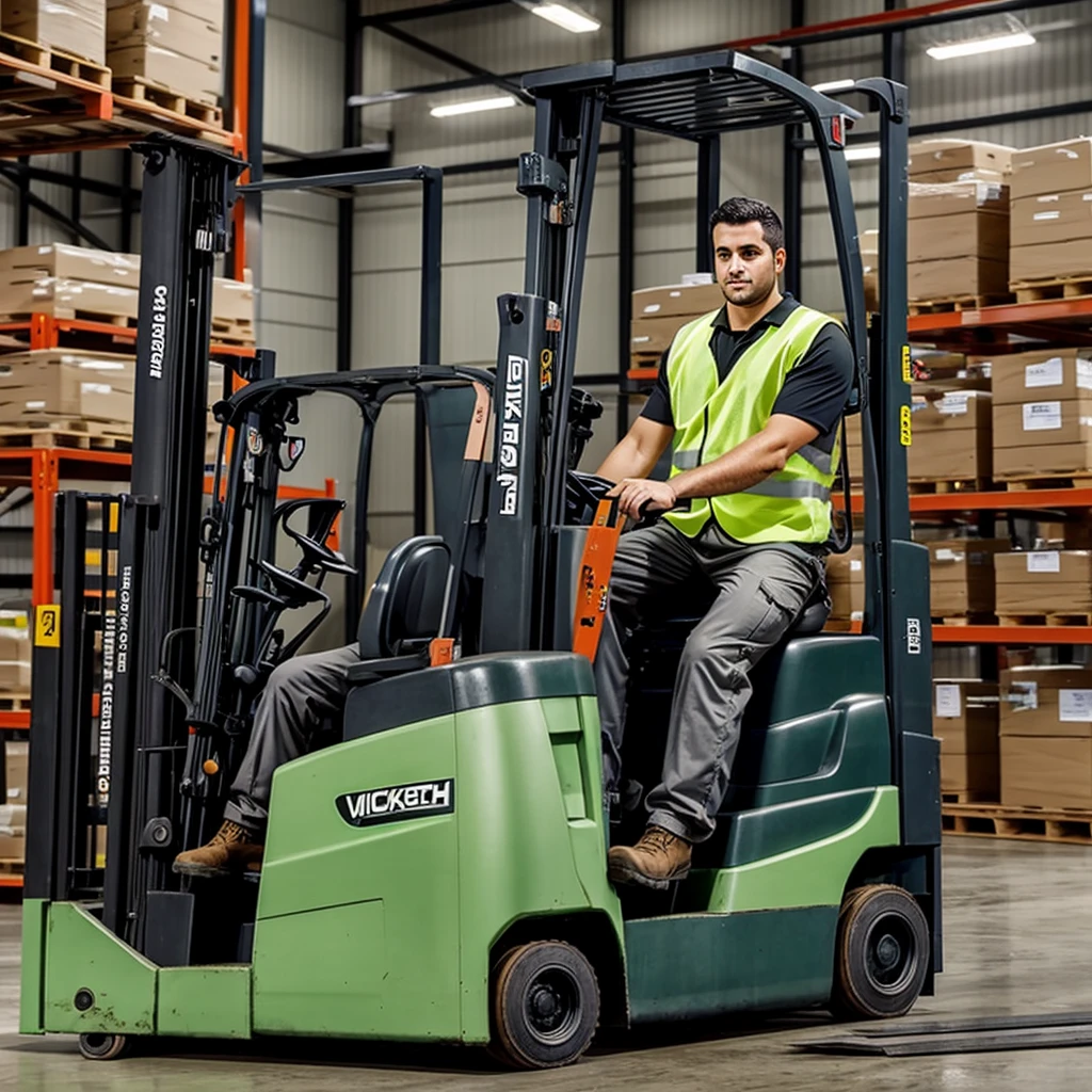 A warehouse worker in a green overall sits in a forklift. In the background are pallets.