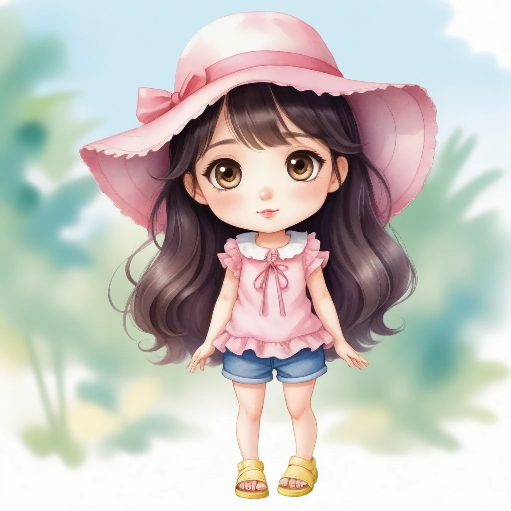 Chibi style digital art, best quality. watercolor illustration, cartoon style, chibi, digital illustration of a stylized character. a woman with large, expressive eyes and a friendly, approachable expression. She has long, dark hair and wears a pink ruffled blouse and denim shorts. She also wears a beige hat and yellow sandals. The background is plain white, which puts the focus on the character. The overall style of the image is cartoonish and whimsical, with a muted color palette that gives it a soft and charming appearance.by Belinda Lyon. anime, kawaii,