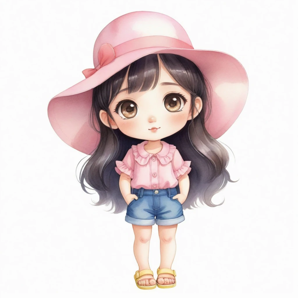 Chibi style digital art, best quality. watercolor illustration, cartoon style, chibi, digital illustration of a stylized character. a woman with large, expressive eyes and a friendly, approachable expression. She has long, dark hair and wears a pink ruffled blouse and denim shorts. She also wears a beige hat and yellow sandals. The background is plain white, which puts the focus on the character. The overall style of the image is cartoonish and whimsical, with a muted color palette that gives it a soft and charming appearance.by Belinda Lyon. anime, kawaii,