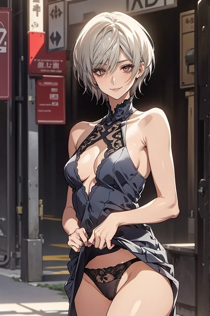 (Highest quality, High resolution, Very detailed), Silver Hair, Super short hair, Reddish brown eyes, maxi dress, lace thong, Large Breasts, Perfect Makeup, 24th generation, Beautiful woman, mature, quiet, Calm, A small smile, city Street,