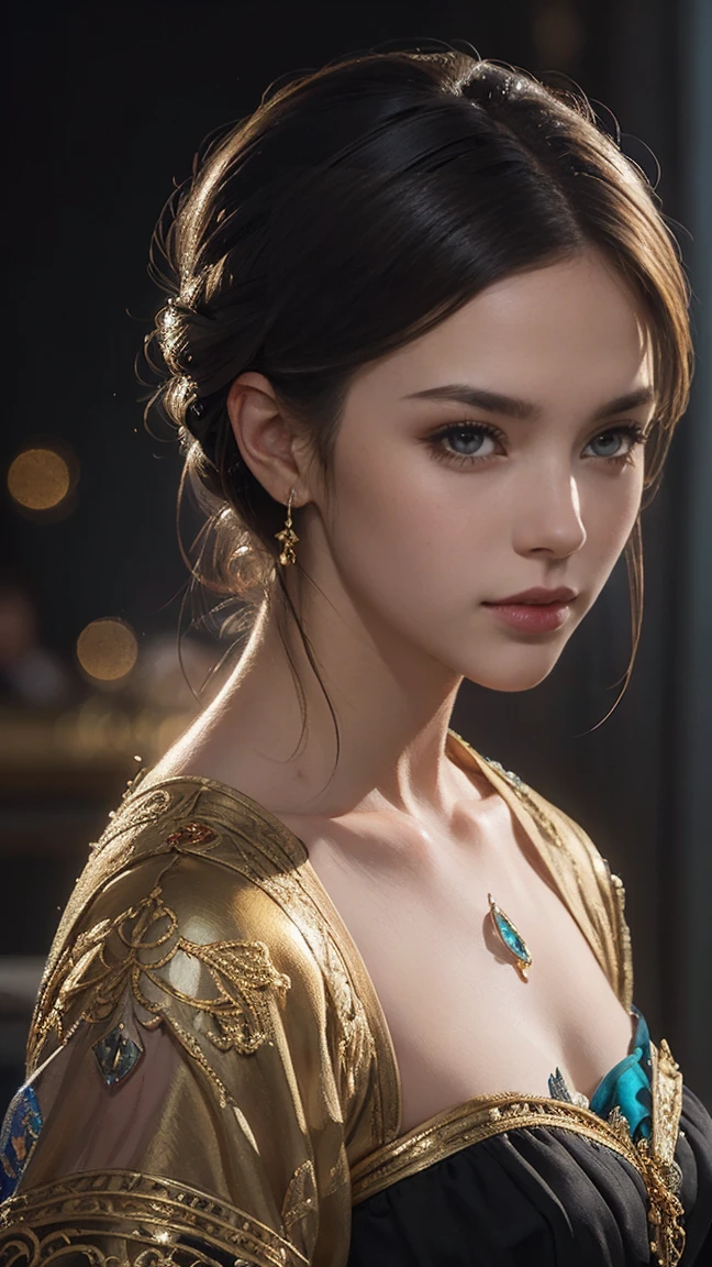 8k portrait of a beautiful woman with brown hair, intricate, elegant, highly detailed, majestic, digital photography, art by artgerm and ruan jia and greg rutkowski surreal painting golden butterfly filigree, broken glass, (masterpiece, side lighting, beautiful finely detailed eyes: 1.2 ), hdr,