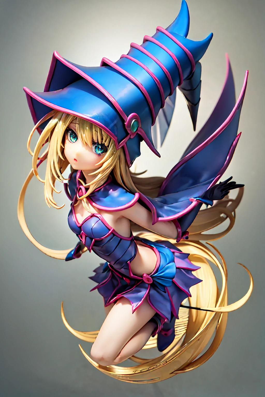 Dark Magician Girl, Super detailed, Very detailed, masterpiece, 最high quality, 最high quality, Absurd, High resolution, Black Magician Girl, (One girl:1.2), alone, Detailed face, Dynamic pose, Hair flow, (whole body:1.1), Blonde, Long Hair, View your viewers, Green Eyes, Detailed skin, chest, Manicure, skirt, Blue footwear, Blue hat, Wizard&#39;s Hat, Cane, I have a hat, (Blue panties:0.9), masterpiece, Very detailed, A magnificent composition, high quality, 最high quality, 4K, (white background:1.5), pedestal , Figures