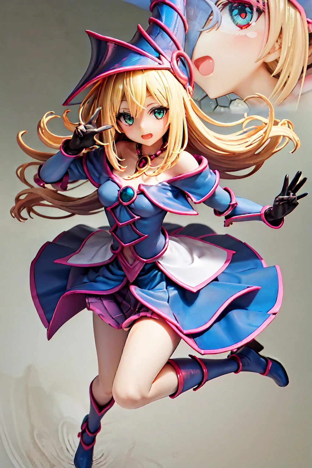 Dark Magician Girl, Super detailed, Very detailed, masterpiece, 最high quality, 最high quality, Absurd, High resolution, Black Magician Girl, (One girl:1.2), alone, Detailed face, Dynamic pose, Hair flow, (whole body:1.1), Blonde, Long Hair, View your viewers, Green Eyes, Detailed skin, chest, Manicure, skirt, Blue footwear, Blue hat, Wizard's Hat, Cane, I have a hat, (Blue panties:0.9), masterpiece, Very detailed, A magnificent composition, high quality, 最high quality, 4K, (white background:1.5), pedestal , Figures