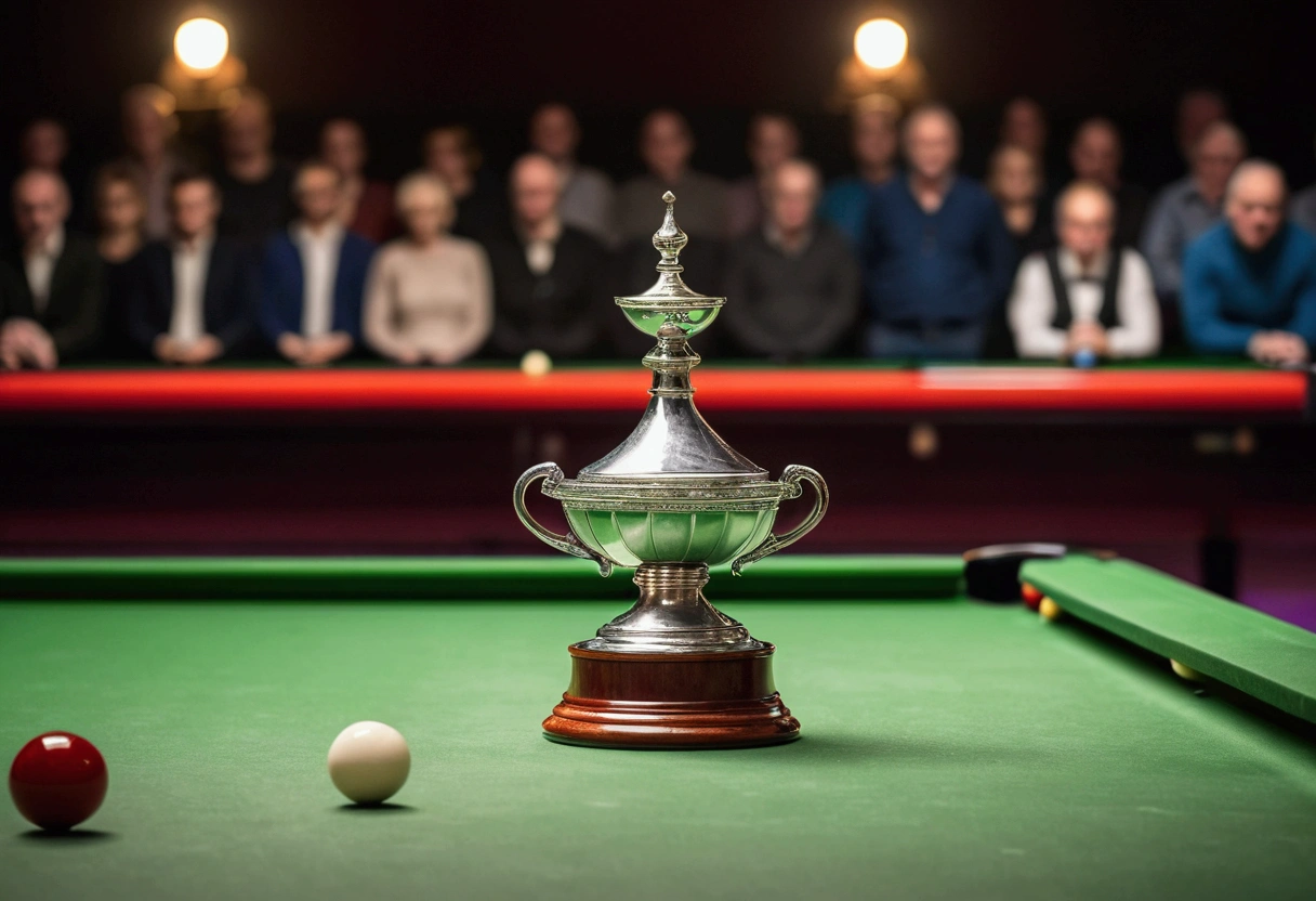 a picture of a trophy (no logos) on a snooker table in front of the audience, the audience is blurred and not in focus, there are no logos or words in the picture