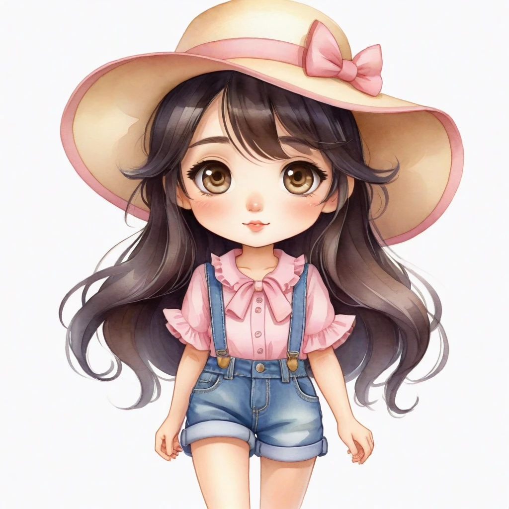 Chibi style digital art, best quality. watercolor illustration, cartoon style, chibi, digital illustration of a stylized character. a woman with large, expressive eyes and a friendly, approachable expression. She has long, dark hair and wears a pink ruffled blouse and denim shorts. She also wears a beige hat and yellow sandals. The background is plain white, which puts the focus on the character. The overall style of the image is cartoonish and whimsical, with a muted color palette that gives it a soft and charming appearance.by Belinda Lyon. anime, kawaii,