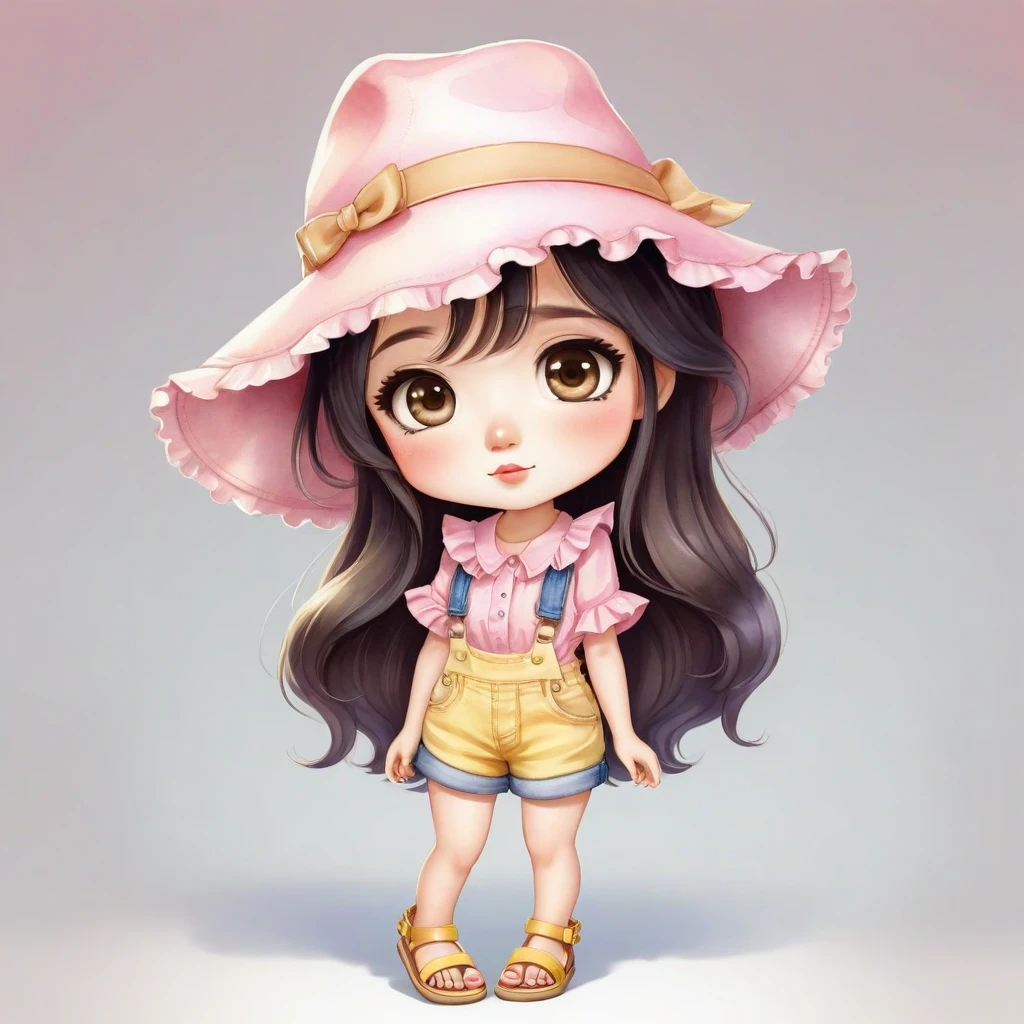 Chibi style digital art, best quality. watercolor illustration, cartoon style, chibi, digital illustration of a stylized character. a woman with large, expressive eyes and a friendly, approachable expression. She has long, dark hair and wears a pink ruffled blouse and denim shorts. She also wears a beige hat and yellow sandals. The background is plain white, which puts the focus on the character. The overall style of the image is cartoonish and whimsical, with a muted color palette that gives it a soft and charming appearance.by Belinda Lyon. anime, kawaii,