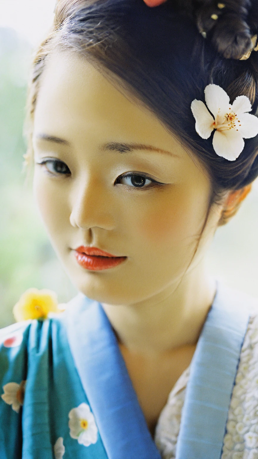 a close up of a woman In kimono with a flower in her hair, Yoshitomo Nara, Chiho, Ayaka, My motto is Teshirogi, Akemi Takada, A, Ka, Sa, Ta, Na, Ha, On , In kimono, Aoi Ogata, Sakura Kinomoto, In kimono