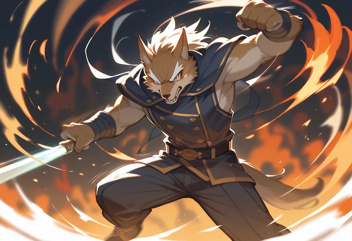 top quality, high-quality illustrations((masterpiece))depth of field, motion blur, absurdres, Perfect Anatomy, magnificent picture of kemono fighting fierce battles, kemono, 1boy, solo focus, Anthro((dramatic))epic, weapon, dynamic pose, One scene of movie,