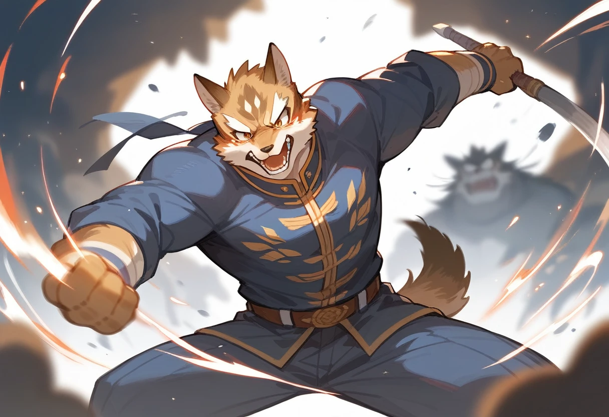 top quality, high-quality illustrations((masterpiece))depth of field, motion blur, absurdres, Perfect Anatomy, magnificent picture of kemono fighting fierce battles, kemono, 1boy, solo focus, Anthro((dramatic))epic, weapon, dynamic pose, One scene of movie,