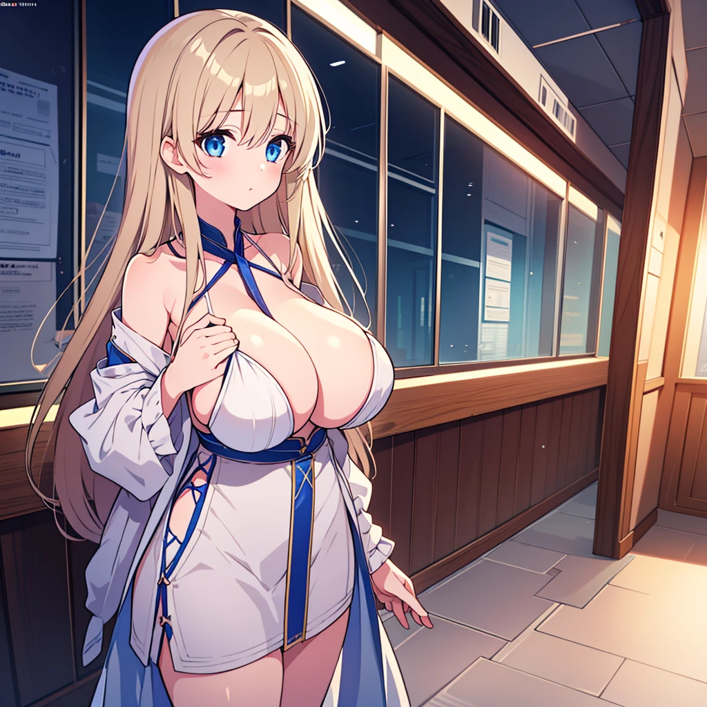 female cyborg,1 girl, masterpiece, Huge Breasts, Delicate eyes, Bright Eyes, blue eyes, Light Blonde Hair, High target, Long hair, Straight Hair, whole body,The chest is huge,The chest is huge,The chest is huge,A charismatic woman,Standing,