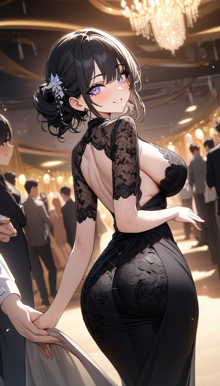 ((最high quality, 8k, masterpiece)), High resolution、(high quality: 1.5)、Very detailed、Detailed face、Bright colors、Natural light、Fine grain、Colorful eyes、Beautiful Face、非常にDetailed faceのテクスチャの女性,masterpiece, 最high quality, Detailed and beautiful eyes,最high quality、Best image quality、masterpiece、,high school girl,(Fine skin:1.2), Black Hair,,(eyelash), (eye shadow),smile,from behind,behind,back,(Wave your hand here),(Turn your hand here),Sparkling,Party Venue,(Beautiful attention to detail:1.4), (Black lace dress) ,A nice face,,Large Breasts,