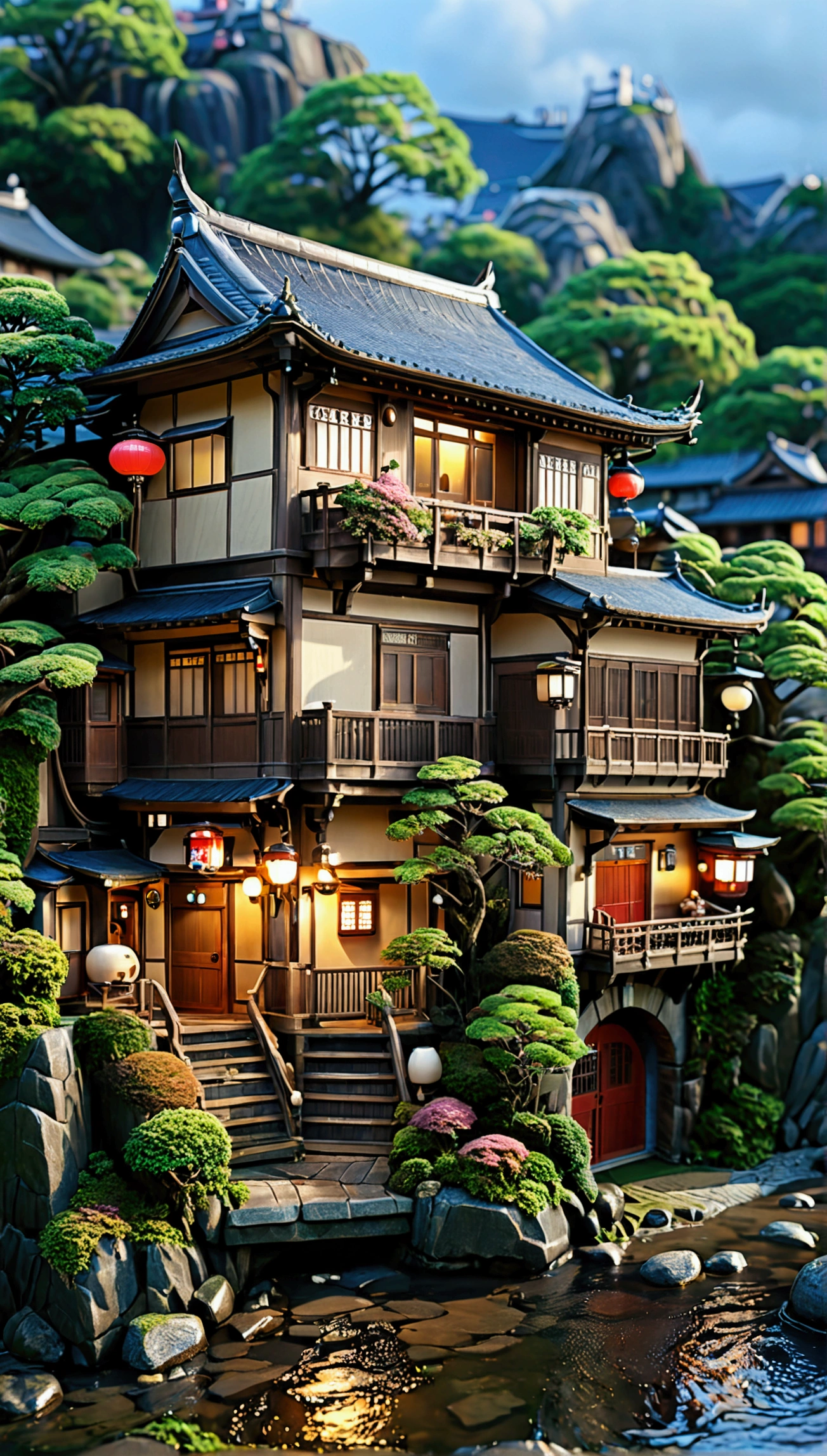 mj3d style,3dmm,3d,(masterpiece, Highest quality:1.1), Ghibli style, 台湾のinn、Night view、Bathhouse、inn、Spirited Away style、Hirono Sento's kamikakushi